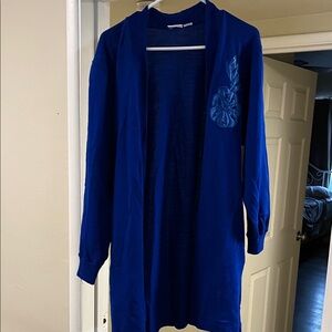 Blue Open Front Cardigan with Floral Embroidery